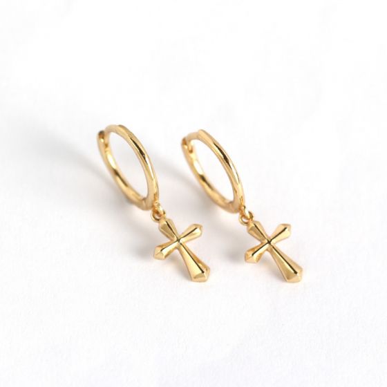 Simple Yellow Gold Cross Drop Earrings