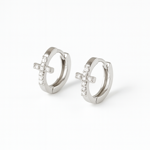 Silver Mini Cross Huggie Hoop Earrings