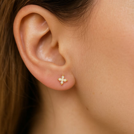 Tiny Yellow Gold Cross Studs