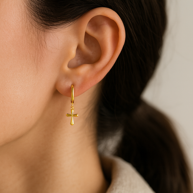 Simple Yellow Gold Cross Drop Earrings